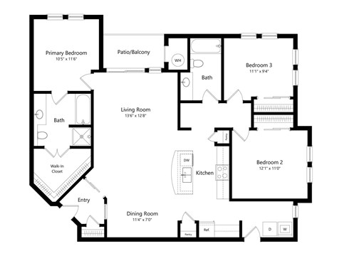 Floor plan for 3 beds, 2 baths, 1447 sqft